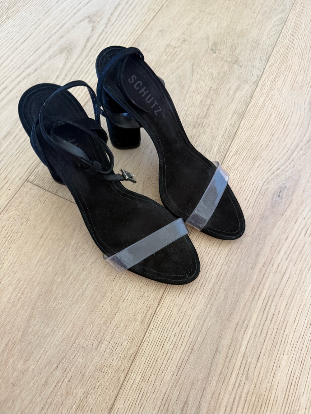 SCHUTZ Black Suede Block Heel Sandals with Clear Toe Strap
